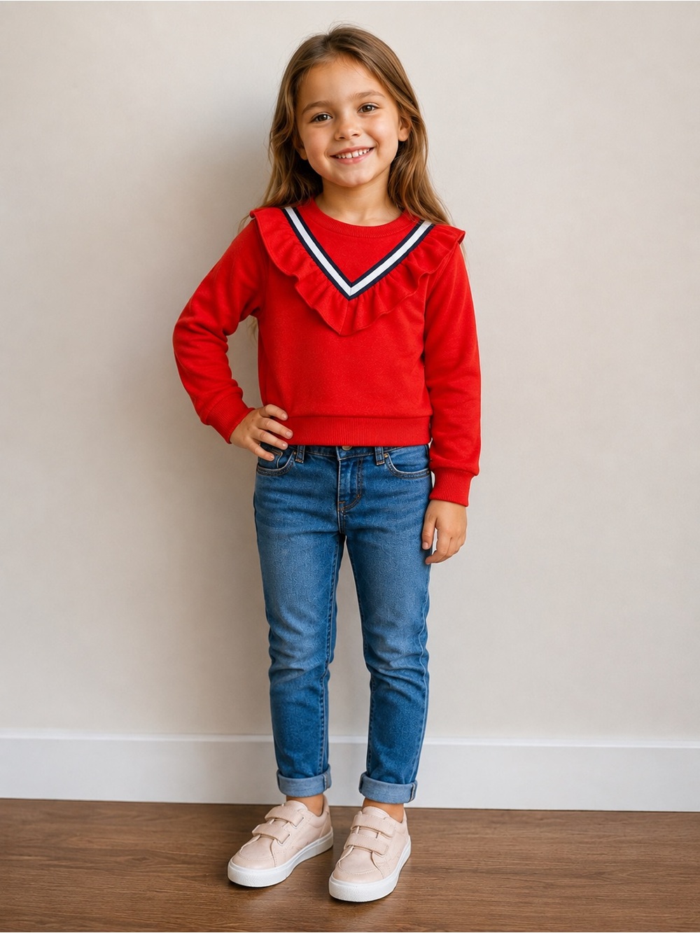 Janie and Jack Red Ruffle V-Neck Sweatshirt with Striped Trim-NWT